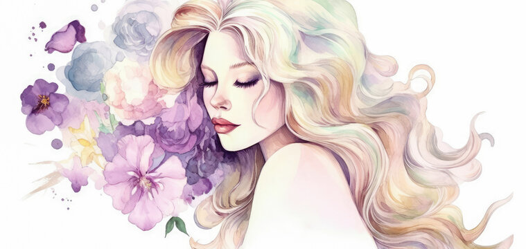 Watercolor young woman with flowers portrait art. Colorful creative watercolor illustration