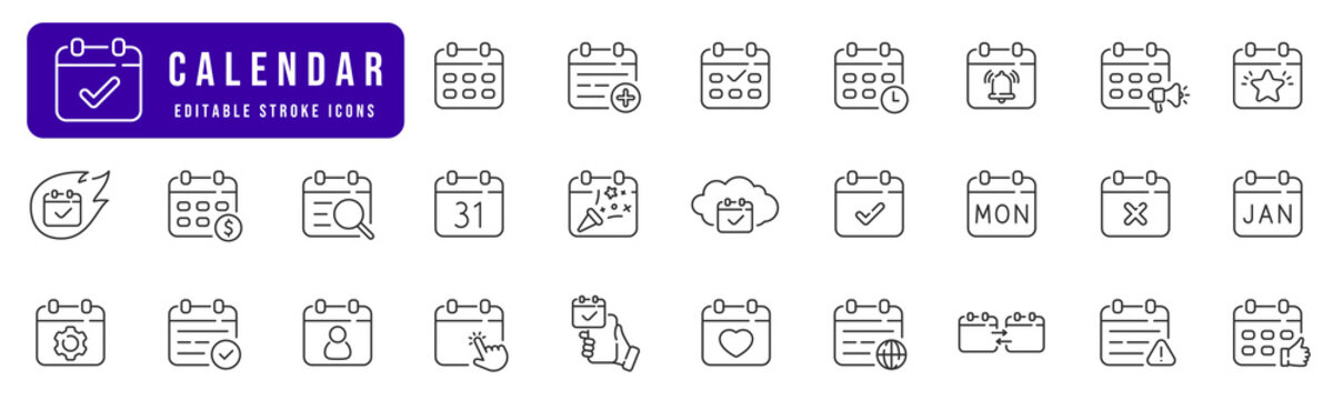 Calendar line icon set. Date, event, month, day, agenda, clock etc. Editable stroke