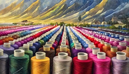 a vibrant and detailed digital illustration portraying the organized beauty of spools of thread in rows, highlighting the vivid colors of embroidery thread widely utilized in the garment industry. Con