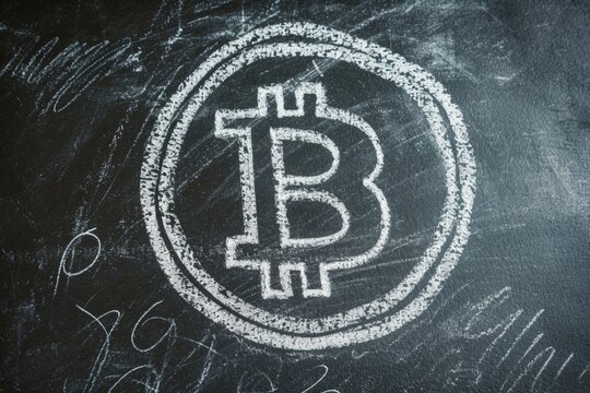 Bitcoin drawn with chalk on blackboard, concept of cryptocurrency and learning.