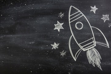 Rocket drawn with chalk on blackboard background, business and startup concept.