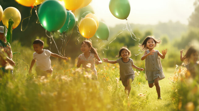 Two children laughing and running with colorful balloons in a sunny meadow