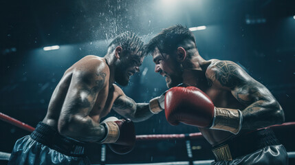 Fototapeta na wymiar Boxers exchanging blows during a high stakes match under bright lights