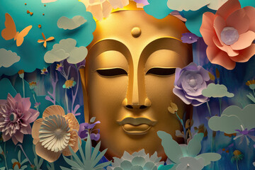 a big glowing golden buddha face with glowing nature background, multicolor paper flowers, butterflies