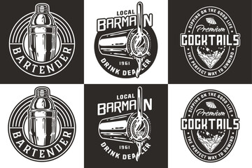 Bartender design with boston shaker for bartending school. Vector emblem set of chromed metal equipment or cocktail bar tool for barman or barkeep
