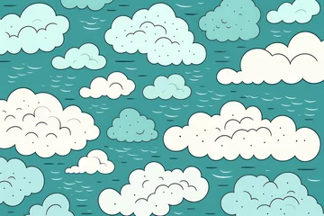 Zelfklevend Fotobehang Ivory turquoise and cloud cute square pattern, in the style of minimalist line drawings © Michael