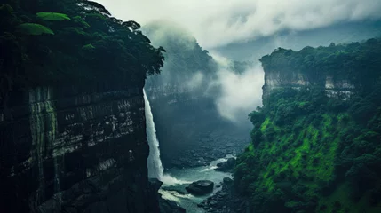 Gordijnen Meghalaya's Monsoon Symphony: Cherrapunji Waterfalls in Rainy Splendor © Graphics.Parasite