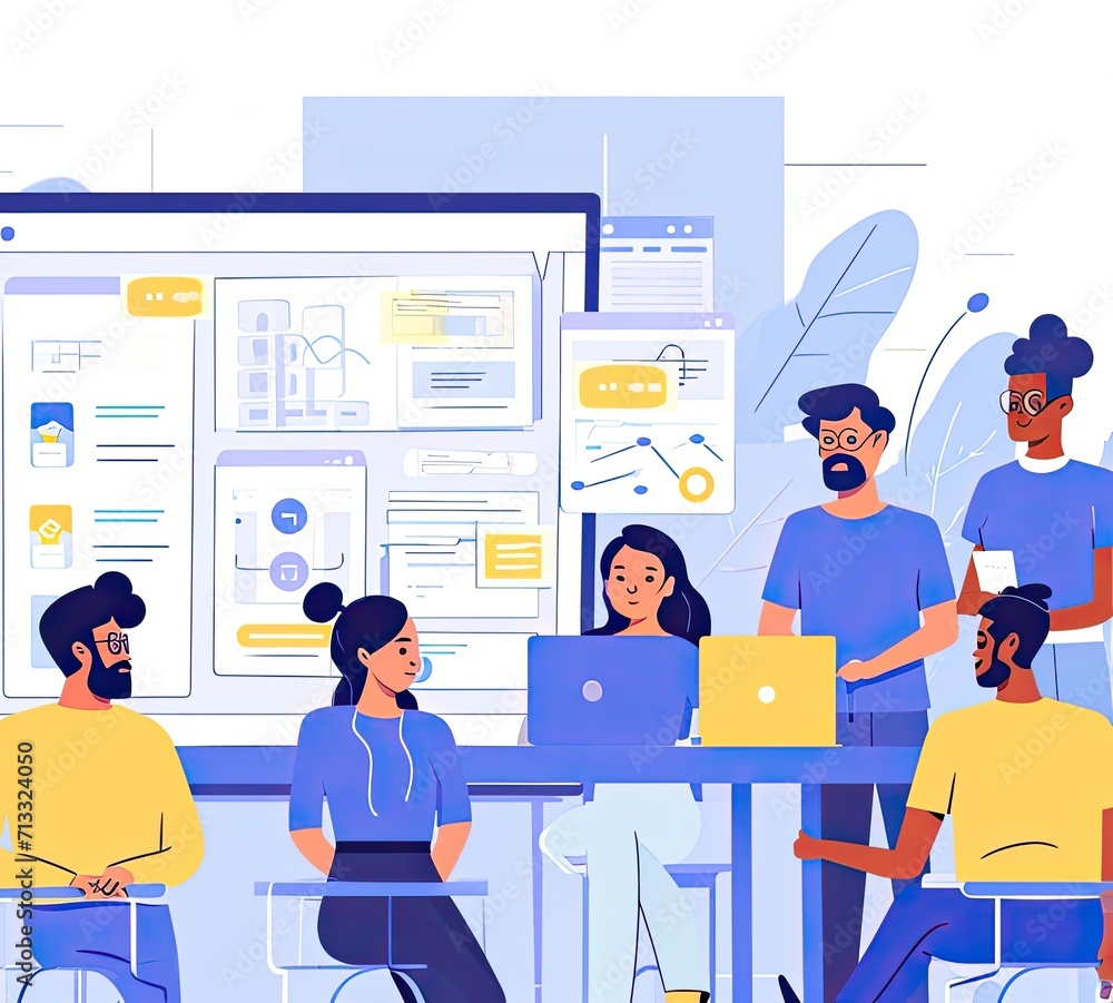 Poster group of people engaged in business presentation around a table with generative ai