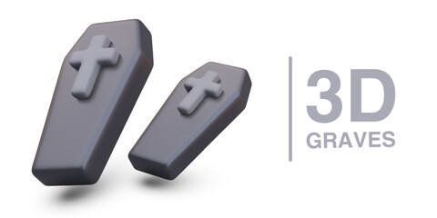 Black coffin lid with Christian cross. Objects for burial of deceased. Set of 3D vector objects in different positions. Halloween decorations, zombie theme