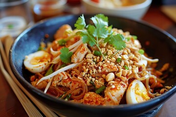 black bowl of chicken pad thai