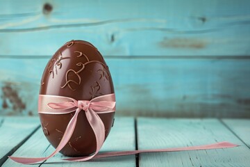 Chocolate easter egg on light blue wooden background, easter holiday concept.