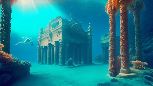 Ruins of an old historical legendary city under water. The Atlantic. A lost civilization. Generative AI