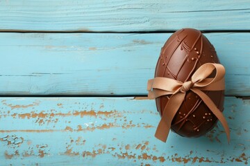 Chocolate easter egg on light blue wooden background, easter holiday concept.