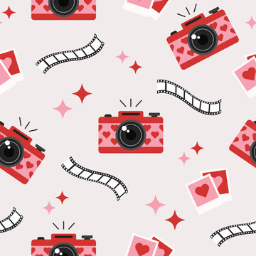 Seamless pattern with cameras, photos, films, stars and love elements on a light background. Vector illustration.
