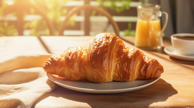 golden croissant on a breakfast table with monring sunrays 