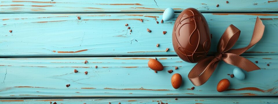 Chocolate easter egg on light blue wooden background, easter holiday concept.