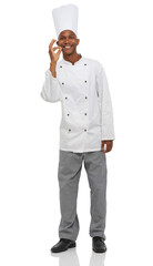 Man, chef and okay sign with hands, professional and happy guy on white studio background. African person, culinary expert and mockup space with career, food industry and employee with uniform