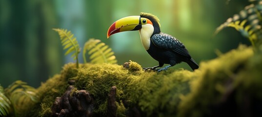 A vibrant toucan perched on a moss-covered branch in a dense jungle -Generative Ai