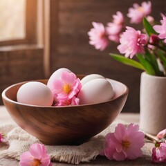 Easter eggs in a bowl with pink sakura flowers on a wooden table with copy space 