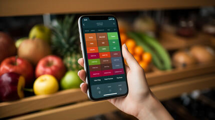Woman using dieting app to track nutrition facts and calories in her food - obrazy, fototapety, plakaty