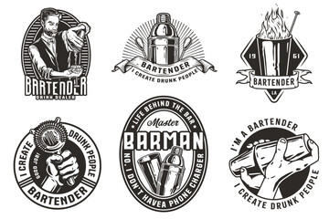 Bartender design with hawthorne strainer and boston shaker with fire for bartending school. Vector emblem set of chromed metal equipment or cocktail bar tool for barman or barkeep