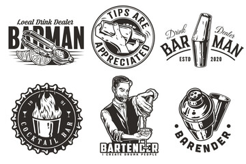 Bartender design with shot with fire, juicer and boston shaker in hands for bartending school. Vector emblem set of chromed metal equipment or cocktail bar tool for barman or barkeep