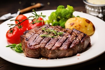 Grilled steak with vegetables on a plate on a dark background