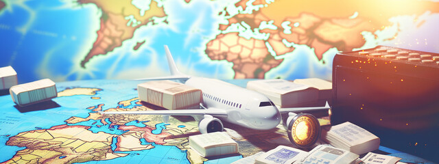 concept of travel with plane, plane, tickets