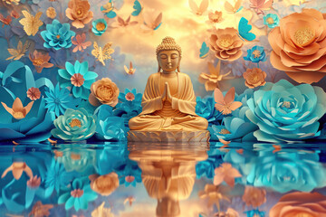 a big glowing golden buddha statue with glowing nature background, multicolor paper flowers, butterflies - obrazy, fototapety, plakaty