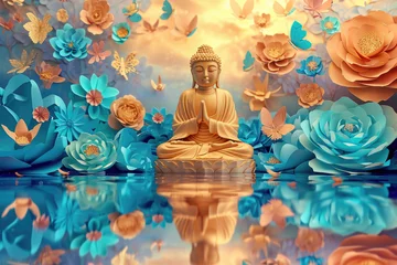 Fotobehang a big glowing golden buddha statue with glowing nature background, multicolor paper flowers, butterflies © Kien