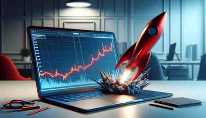 Digital illustration of  launching space rocket from laptop screen. a graph that grows positively and shoots high. using blue and cool ambient tones - obrazy, fototapety, plakaty