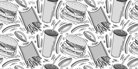 Vector fast food seamless pattern in hand drawn doodle style.Print without background, hamburger, french fries, onion rings, cola. Packaging for fast food, for kraft paper.