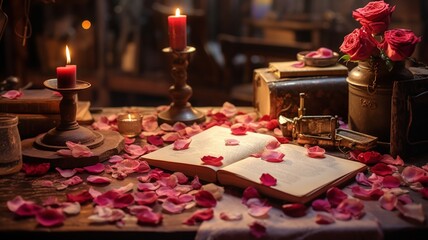 Naklejka na ściany i meble A vintage love letter sealed with a wax heart, placed delicately on a rustic wooden table surrounded by scattered rose petals -Generative Ai