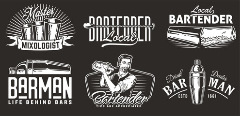 Bartender design with boston shaker in hands for bartending school. Vector emblem set of chromed metal equipment or cocktail bar tool for barman or barkeep