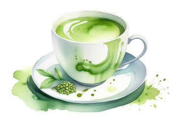 Fototapeta premium watercolor illustration of traditional Japanese green matcha tea in white cup on saucer.