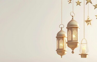 Obraz premium ramadan kareem white background 3d lantern and gold star, white copy space ramadan kareem, islamic mosque minner white background with copy space