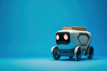 Delivery robot with cardboard box on blue background, futuristic technology and logistics concept.