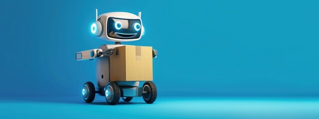 Delivery robot with cardboard box on blue background, futuristic technology and logistics concept. - obrazy, fototapety, plakaty