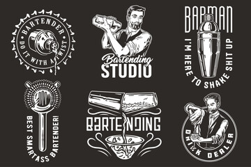 Bartender design with cocktail pourer and boston shaker for bartending school. Vector emblem set of chromed metal equipment or cocktail bar tool for barman or barkeep