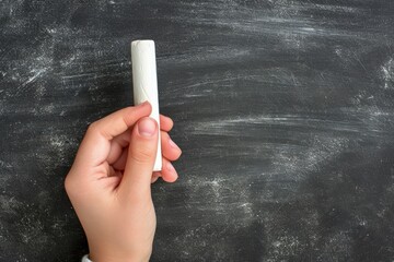 Hand holding white chalk on blackboard background, learning and teaching concept.