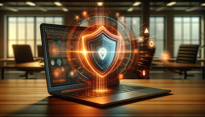A digital illustration of the laptop has a screen lock in the shape of a shield cyber security, data protection concept. Color orange and warm ambient.