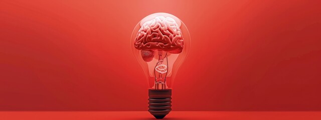 Human brain inside a light bulb on red background, concept of ideas and creativity.