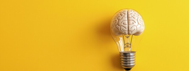 Human brain inside a light bulb on yellow background, concept of ideas and creativity.