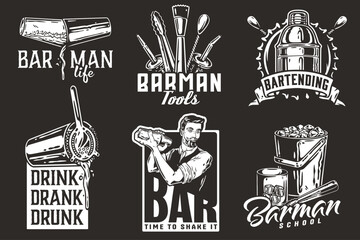 Bartender design with boston shaker in hands and bucket with ice for bartending school. Vector emblem set of chromed metal equipment or cocktail bar tool for barman or barkeep