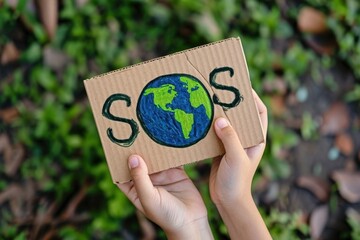 SOS and planet earth on cardboard card that hand is holding, concept of environmental preservation...