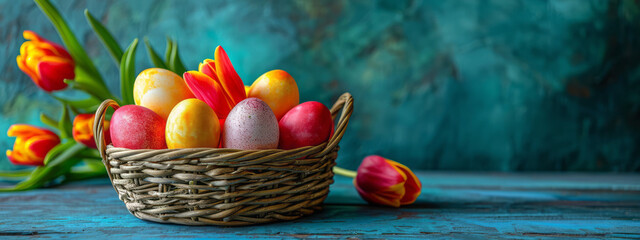 Easter greeting card banner with eggs in basket and tulips on blue turquoise background. Side view. Copy space.