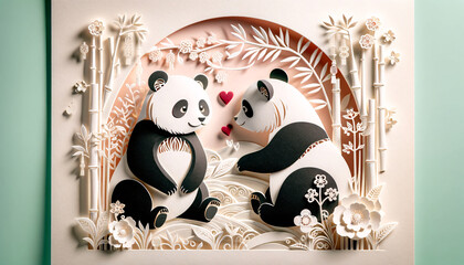 Delicate paper cutout of pandas in a loving embrace, capturing the charm of Chinese artistry for Valentine's Day. AI Generated.