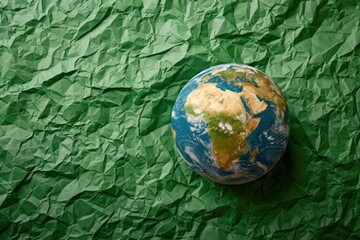 Planet earth on crumpled green paper background, concept of save the planet and earth day.