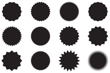 Set of black price sticker, sale or discount sticker, sunburst badges icon. Stars shape with different number of rays. Special offer price tag. Black starburst Promotional sticky notes and labels.1234