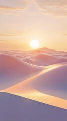Fototapeta na wymiar A serene desert at sunset. The golden light of the sun casts long shadows on the smooth and wavy sand dunes, creating an elegant pattern across the landscape. Tranquil and peaceful atmosphere.